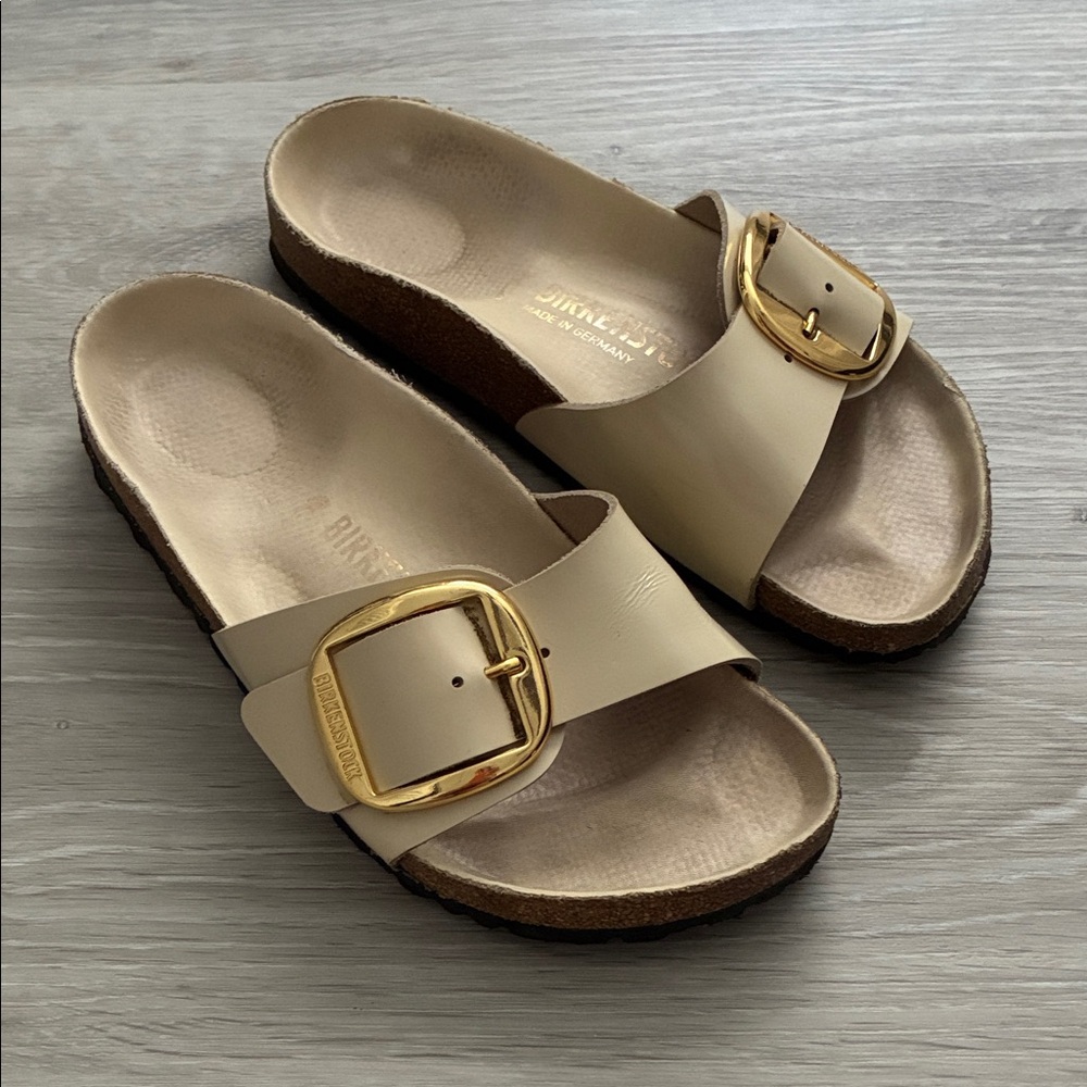 Birkenstock Cream Sandals with Gold Buckle